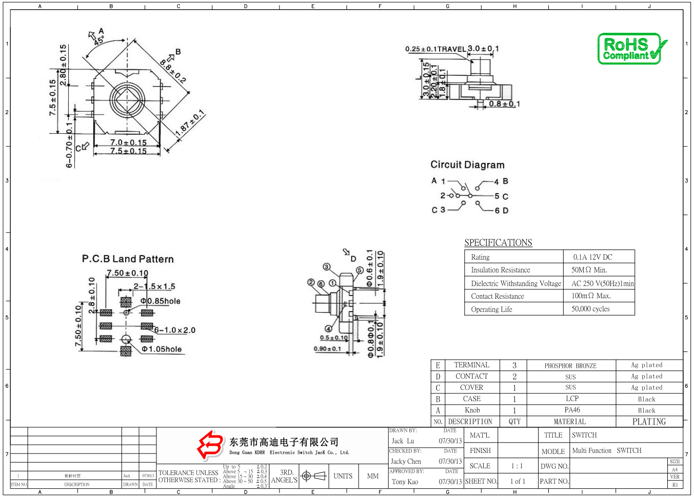 TS-1508   五向轻触开关  多功能按键开关 多功能按钮开关(图1)